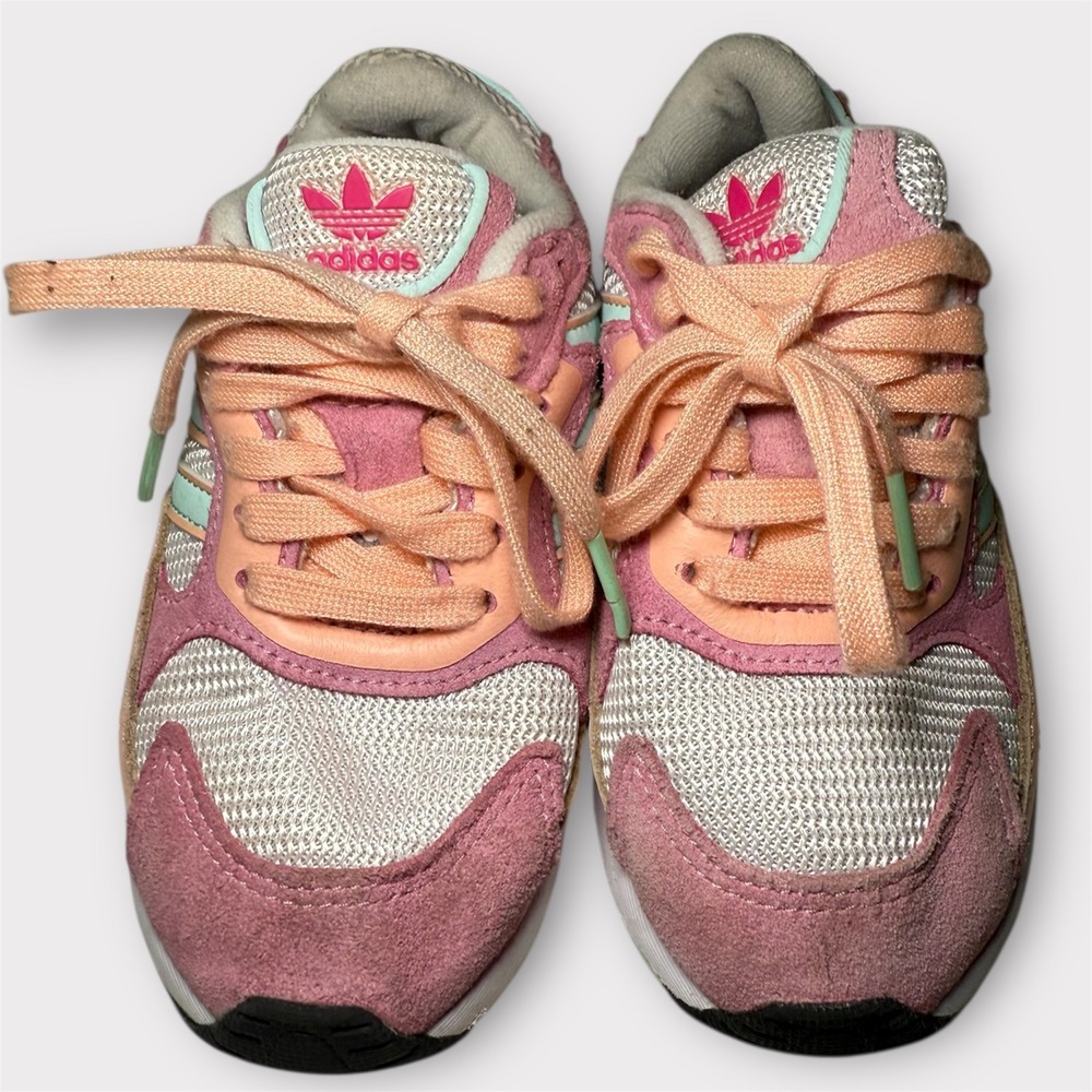 Adidas Kids Toddler Sneakers Pink Mint Peach Lace Up Shoes‎ Size 11K US - Picture 4 of 6